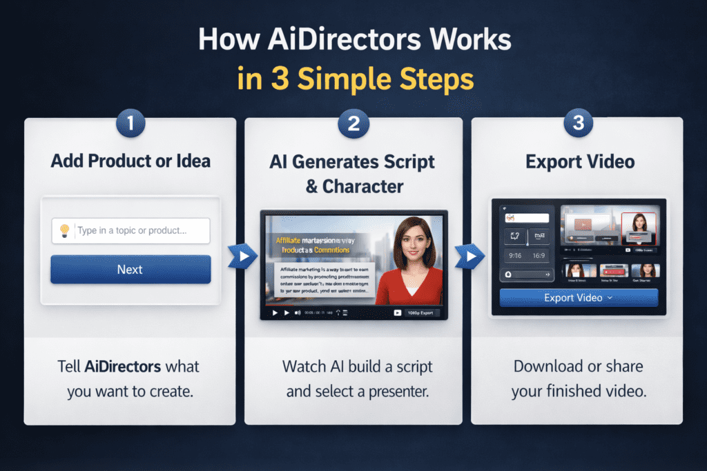 AIDirectors Review - How AIDirectors works in three steps: add product, generate AI script and avatar, export short-form video