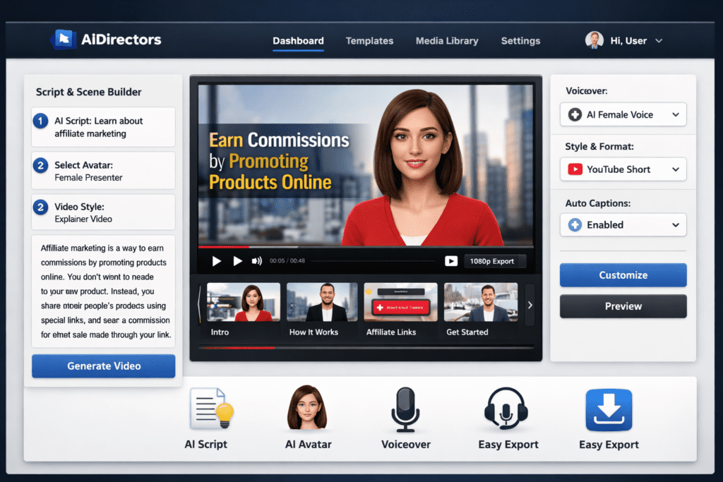 AIDirectors AI video creation dashboard showing script generator, AI avatars, and short-form video builder interface