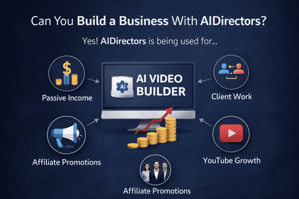 Illustration showing how AIDirectors can be used to build an online video business through AI automation