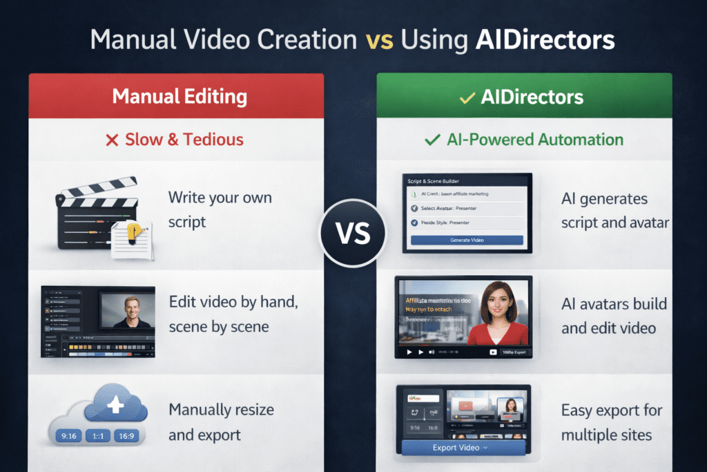 Comparison between manual video editing and AIDirectors AI video automation workflow